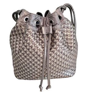 Elliott Lucca Silver Metallic Leather Woven Drawstring Bucket Purse